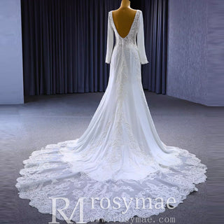 Long Sleeve Lace Appliqued Satin Modern Wedding Dress Open Back