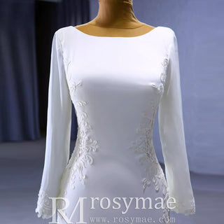 Long Sleeve Lace Appliqued Satin Modern Wedding Dress Open Back