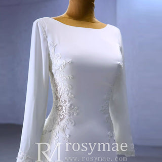 Long Sleeve Lace Appliqued Satin Modern Wedding Dress Open Back