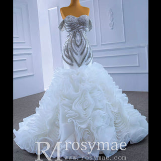 Ruffled Rosette Mermaid Wedding Gown with Detachable Sleeves