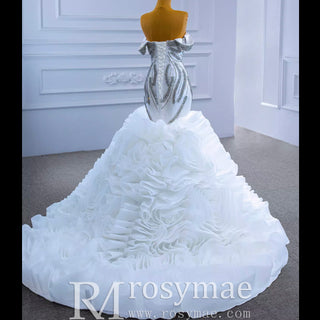 Ruffled Rosette Mermaid Wedding Gown with Detachable Sleeves