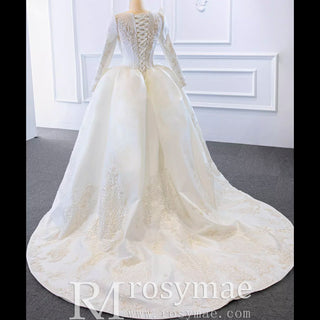 Overskirt Lace Appliqued Satin Wedding Dress with Long Sleeves