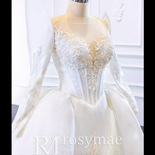 Overskirt Lace Appliqued Satin Wedding Dress with Long Sleeves