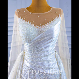 Sheath Satin Long Sleeve Wedding Dress with Detachable Overskirt