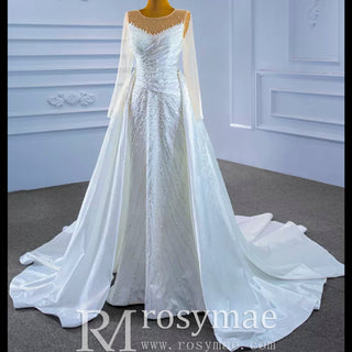 Sheath Satin Long Sleeve Wedding Dress with Detachable Overskirt