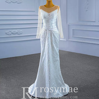 Sheath Satin Long Sleeve Wedding Dress with Detachable Overskirt