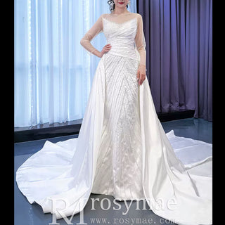 Sheath Satin Long Sleeve Wedding Dress with Detachable Overskirt