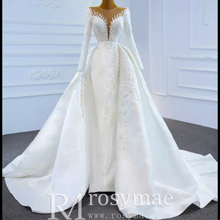 High Back Pearl Beaded Satin Long Sleeve Wedding Dress with Overskirt