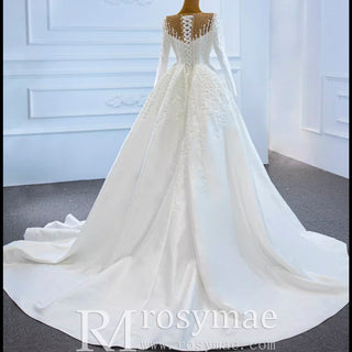 High Back Pearl Beaded Satin Long Sleeve Wedding Dress with Overskirt