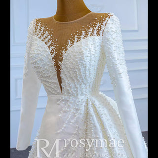 High Back Pearl Beaded Satin Long Sleeve Wedding Dress with Overskirt