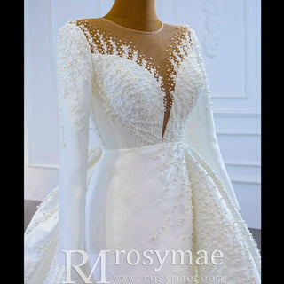 High Back Pearl Beaded Satin Long Sleeve Wedding Dress with Overskirt