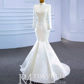 Long Sleeve O-Neck Mermaid Wedding Dress with Detachable Skirt