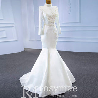 Long Sleeve O-Neck Mermaid Wedding Dress with Detachable Skirt