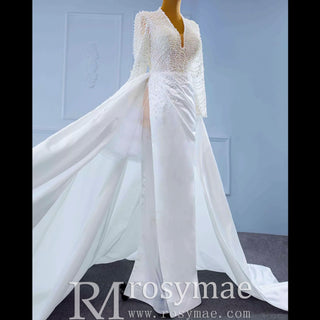 Keyhole Back Modest V-neck Pearl Satin Wedding Dress with Leg Slit