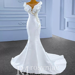 Classic Mermaid Satin Sheer Boat Neck Wedding Dress with Corset Back