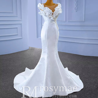 Classic Mermaid Satin Sheer Boat Neck Wedding Dress with Corset Back