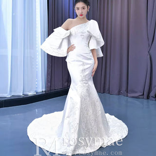 Vintage Satin Mermaid One Shoulder Wedding Dress with Ruffle Sleeves