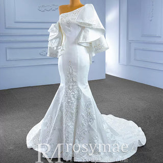 Vintage Satin Mermaid One Shoulder Wedding Dress with Ruffle Sleeves