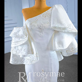 Vintage Satin Mermaid One Shoulder Wedding Dress with Ruffle Sleeves