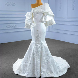 Vintage Satin Mermaid One Shoulder Wedding Dress with Ruffle Sleeves