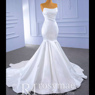 Simple Strapless Satin Trumpet Boat Neck Wedding Dress