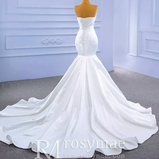 Simple Strapless Satin Trumpet Boat Neck Wedding Dress