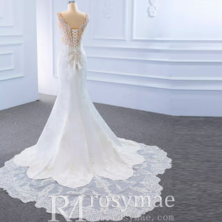 Leaf-Shape Train Mermaid Lace Satin Vneck Wedding Dress with Leg Slit