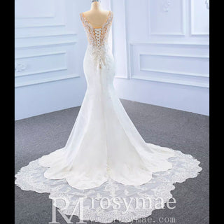 Leaf-Shape Train Mermaid Lace Satin Vneck Wedding Dress with Leg Slit