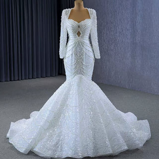 Stylish Queen-ann Neck Wedding Dress For Bride with Long Sleeve