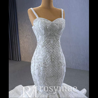 Gorgeous Beaded Lace Wedding Dress Mermaid Spaghetti Strap Bridal Gown