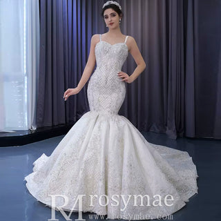 Gorgeous Beaded Lace Wedding Dress Mermaid Spaghetti Strap Bridal Gown