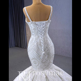 Gorgeous Beaded Lace Wedding Dress Mermaid Spaghetti Strap Bridal Gown