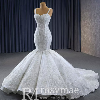 Gorgeous Beaded Lace Wedding Dress Mermaid Spaghetti Strap Bridal Gown