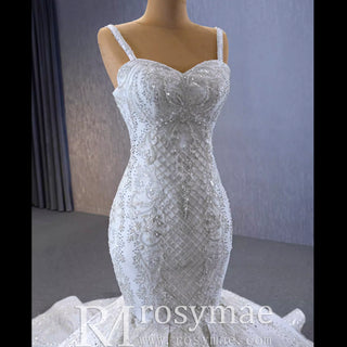 Gorgeous Beaded Lace Wedding Dress Mermaid Spaghetti Strap Bridal Gown