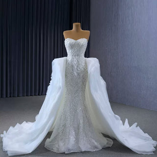 Luxury Beaded Mermaid Wedding Dress with Ruffle Detachable Train