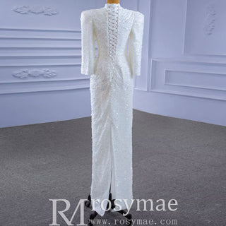 Beaded High Neck Sheath Wedding Dress with Long Sleeves