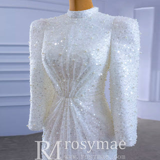 Beaded High Neck Sheath Wedding Dress with Long Sleeves