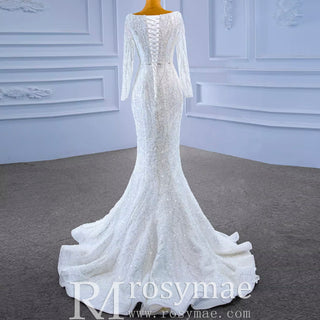 Square Neck Long Sleeve Wedding Dress with Detachable Train