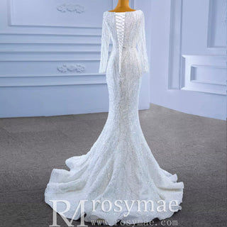 Square Neck Long Sleeve Wedding Dress with Detachable Train