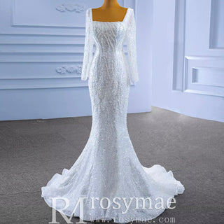 Square Neck Long Sleeve Wedding Dress with Detachable Train