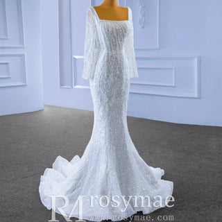 Square Neck Long Sleeve Wedding Dress with Detachable Train