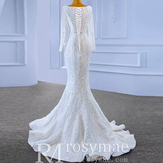 Square Neck Long Sleeve Wedding Dress with Detachable Train