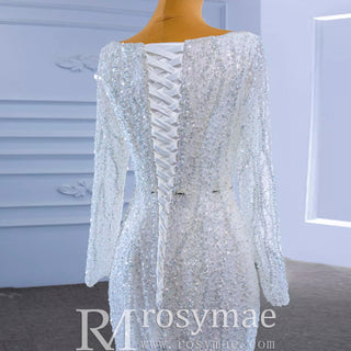 Square Neck Long Sleeve Wedding Dress with Detachable Train