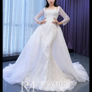 Square Neck Long Sleeve Wedding Dress with Detachable Train