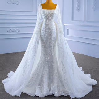 Square Neck Long Sleeve Wedding Dress with Detachable Train