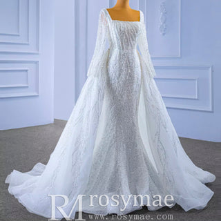 Square Neck Long Sleeve Wedding Dress with Detachable Train