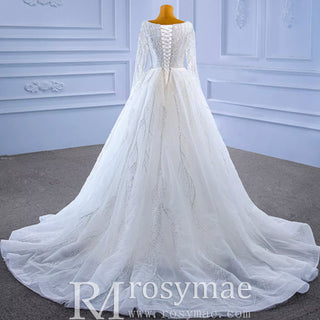 Square Neck Long Sleeve Wedding Dress with Detachable Train