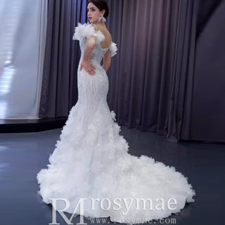 Beaded Mermaid Ruffle Wedding Dresses Spaghetti Strap Wedding Gown