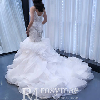 Beaded  Spaghetti Strap Mermaid Wedding Dress with Ruffle Skirt