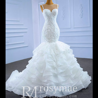 Modest Beaded Lace Ruffled Mermaid Wedding Dress with High Back